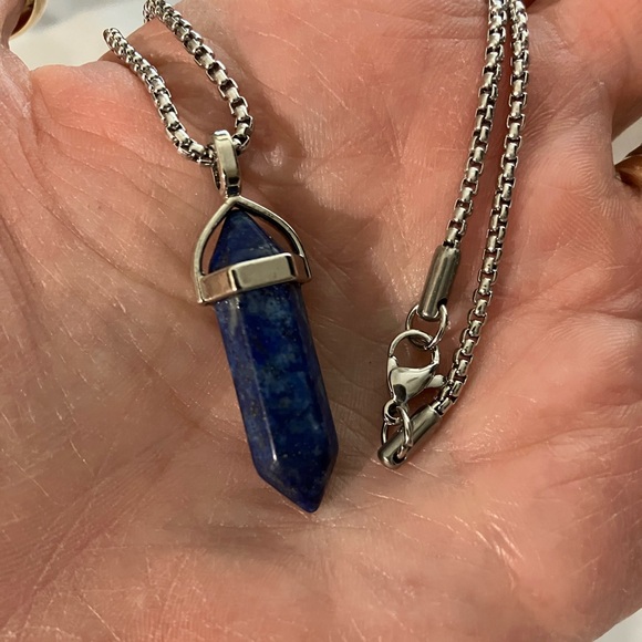 Genuine Lapis Lazuli Bullet Pointed Bullet Pendant 19 in Stainless Steel Chain - Picture 1 of 4